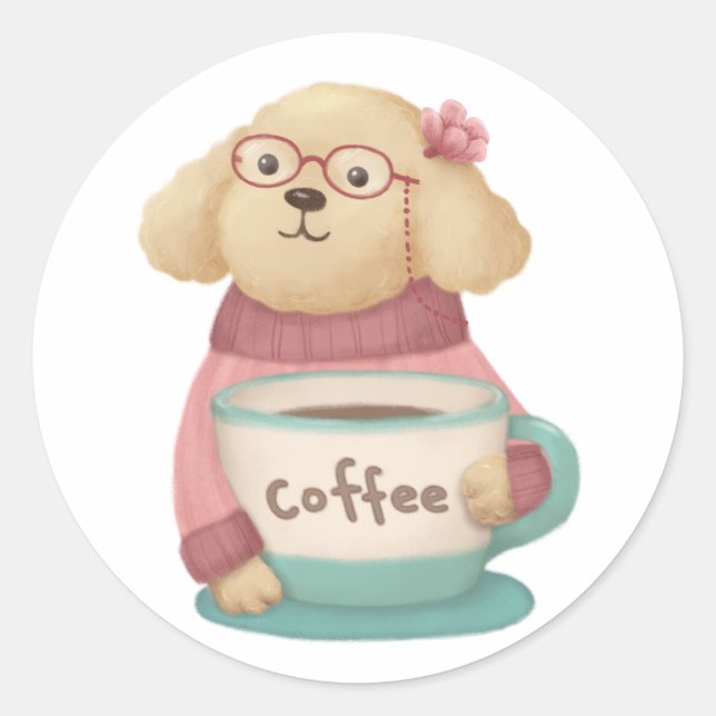 Cute Dog & Coffee Illustration Classic Round Sticker (Front)
