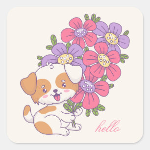 Cute Dog Colourful Flowers Hello Birthday Square Sticker
