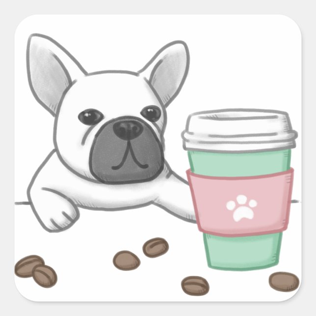Cute Dog, Cup, and Coffee Beans Illustration Square Sticker (Front)