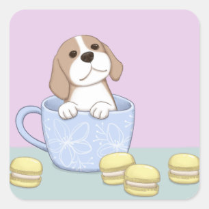 Cute Dog, Cup & Macarons Illustration Art Square Sticker