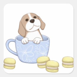 Cute Dog, Cup & Macarons Illustration Square Sticker
