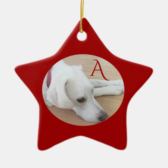 Cute Dog Custom Single Initial Red Star Ceramic Tree Decoration (Front)