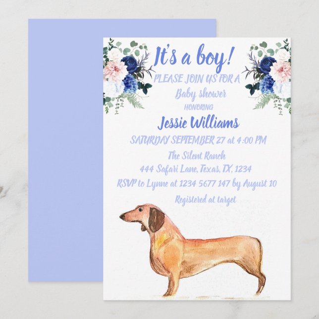 Cute Dog Dachshund Floral Blue Weiner Baby Boy Invitation (Front/Back)