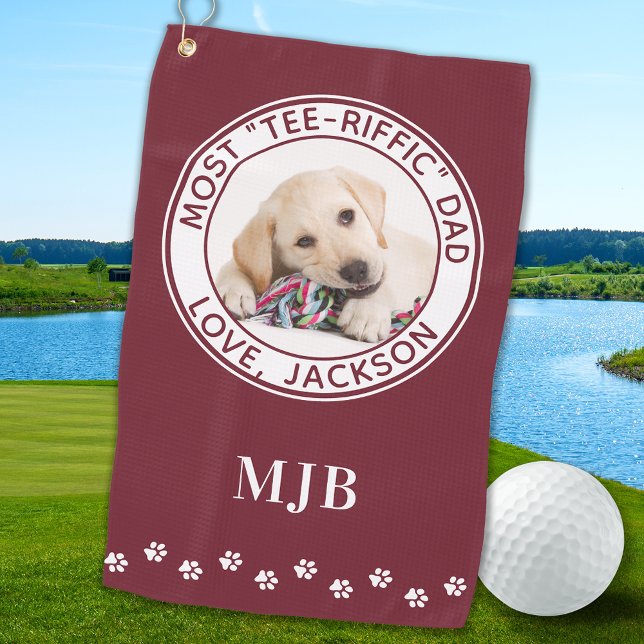 Cute DOG DAD Personalised Photo Golfer Red Golf Towel (Creator Uploaded)