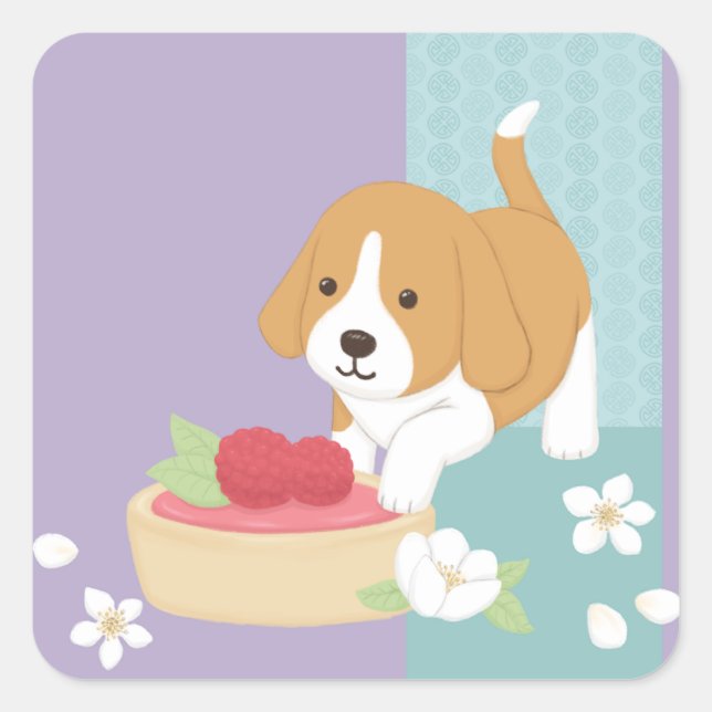 Cute Dog & Dessert Illustration Art Square Sticker (Front)
