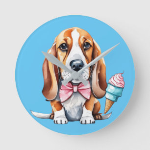Cute dog eating ice cream  round clock