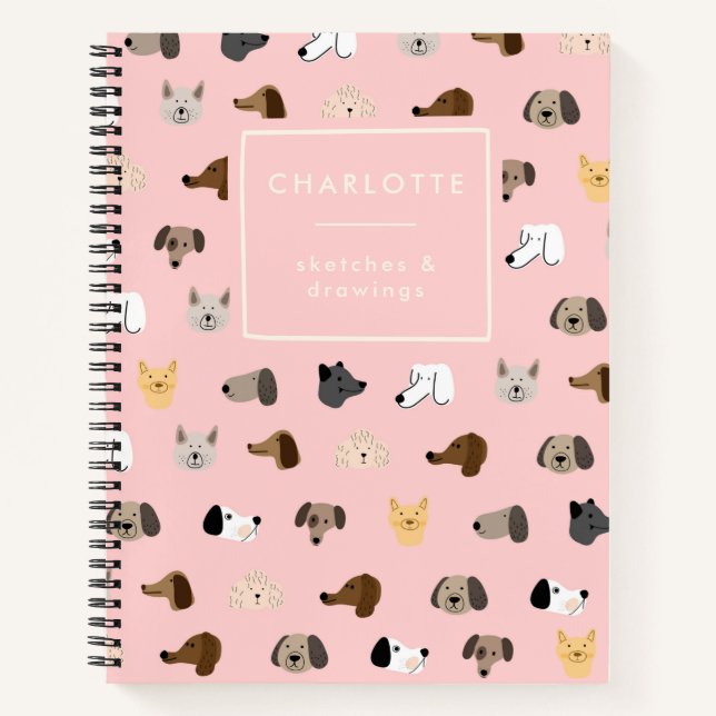 Cute Dog Faces Pink Personalised Sketchbook Notebook (Front)
