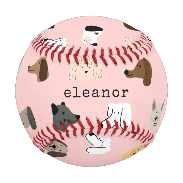 Cute Dog Faces Pink Whimsical Personalised Baseball (Front)