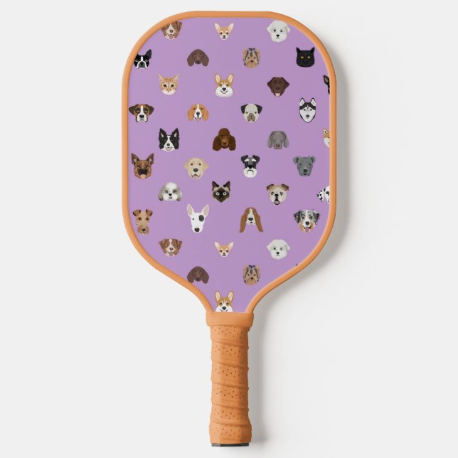 Cute Dog Faces Purple Pickleball Paddle (Front)