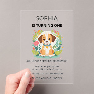 Cute Dog Floral Kids First Birthday  Acrylic Invitations