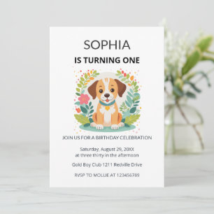 Cute Dog Floral Kids First Birthday Invitation