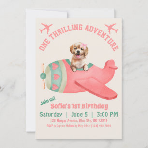 Cute Dog Flying Aeroplane Pink Watercolor Birthday Invitation