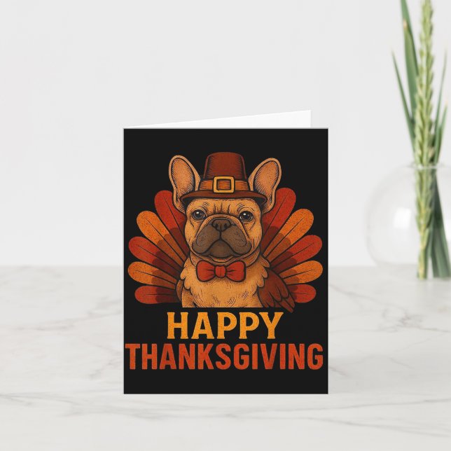 Cute Dog Frenchie Happy Thanksgiving Kids Teen Gir Card (Front)
