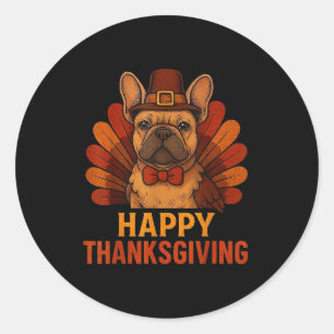 Cute Dog Frenchie Happy Thanksgiving Kids Teen Gir Classic Round Sticker