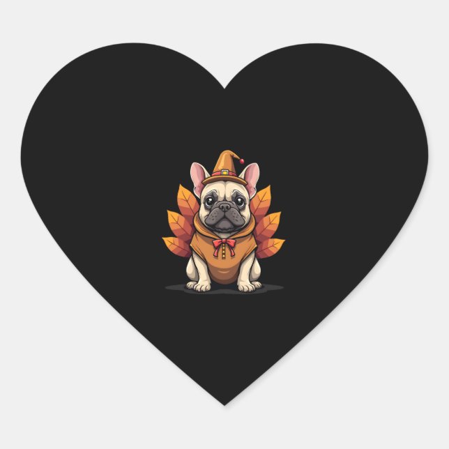 Cute Dog Frenchie Thanksgiving Kids Teen Girl Boy  Heart Sticker (Front)