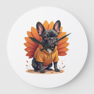 Cute Dog Frenchie Thanksgiving Kids Teen Girl Boy Large Clock