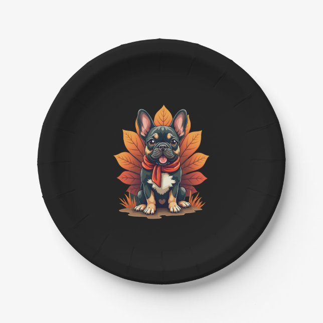 Cute Dog Frenchie Thanksgiving Kids Teen Girl Boy  Paper Plate (Front)