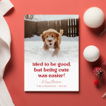 Cute Dog Funny Pet Photo Christmas Holiday Card<br><div class="desc">Celebrate the holidays with the "Cute Dog Funny Pet Photo Christmas Holiday Card" Featuring a playful message, "Tried to be good, but being cute was easier!" alongside a joyful pet dog running in the snow, this card adds humour to your xmas greetings. The festive red script and wintery background capture...</div>