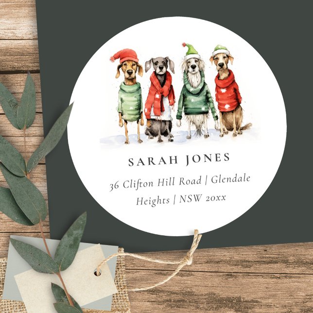 Cute Dog Furry and Bright Christmas Address Classic Round Sticker (Creator Uploaded)