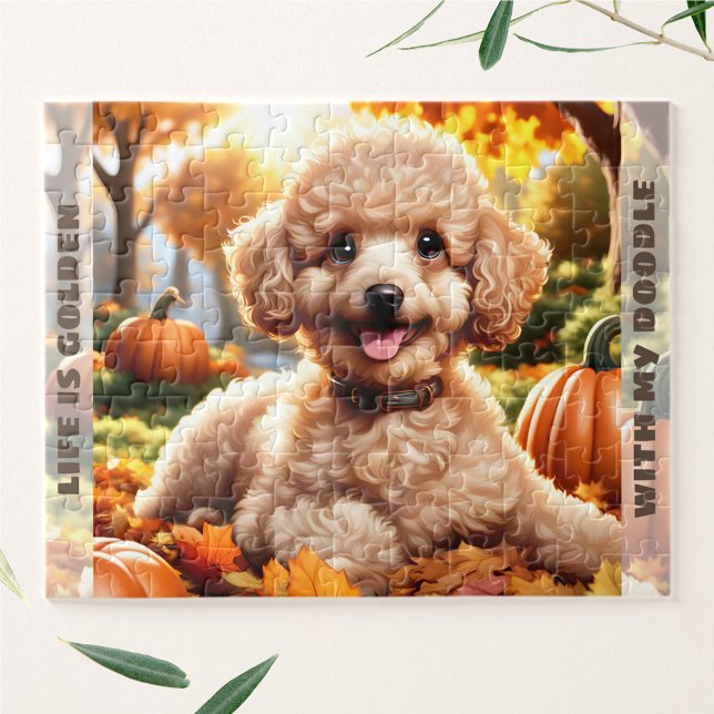 Cute Dog Goldendoodle Puppy Fall Pumpkin Name Jigsaw Puzzle (Cute Dog Goldendoodle Puppy Fall Pumpkin Name Jigsaw Puzzle)