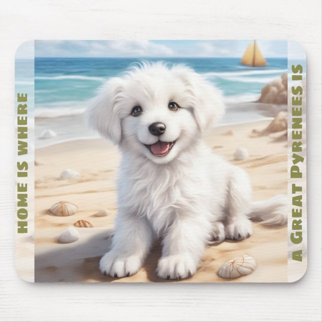 Cute Dog Great Pyrenees White Puppy Custom Name Mouse Mat (Front)