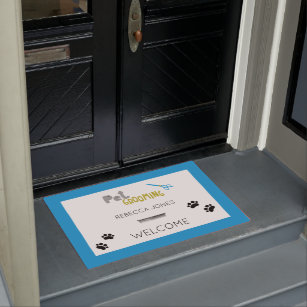 Cute Dog Groomer Pet Care Blue Border Business Doormat