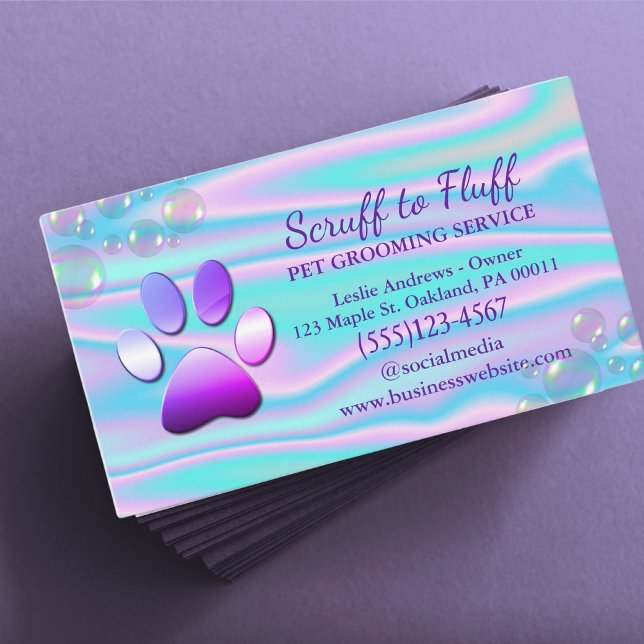 Cute Dog Grooming Service Paw Print Holographic Business Card (Creator Uploaded)