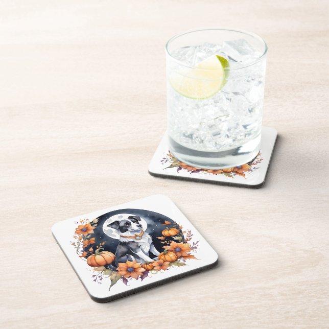 Cute Dog Halloween Floral Moon Canine Lover Coaster (Right Side)