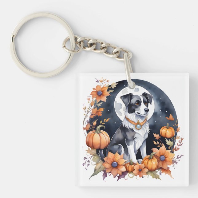 Cute Dog Halloween Floral Moon Canine Lover Key Ring (Front)