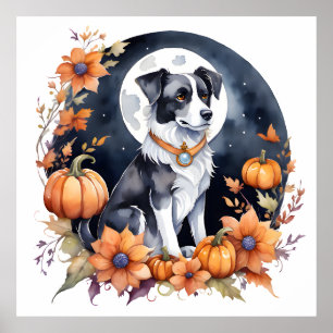 Cute Dog Halloween Floral Moon Canine Lover Poster