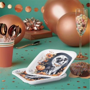Cute Dog Halloween Floral Moon - Spooky Canine Paper Plate