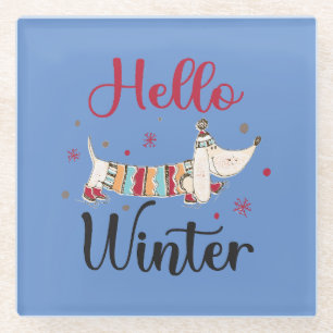 Cute Dog Hello Winter Glass Coaster