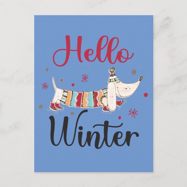 Cute Dog Hello Winter  Postcard (Front)