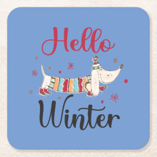 Cute Dog Hello Winter Square Paper Coaster