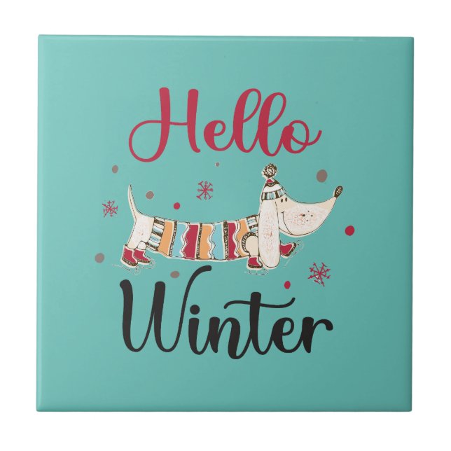Cute Dog Hello Winter  Tile (Front)