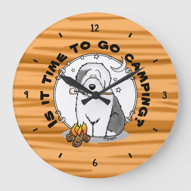 Cute Dog Hiker Camper Old English Sheepdog Grey 1 Large Clock (Front)