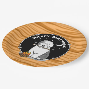 Cute Dog Hiker Camper Old English Sheepdog Grey 1 Paper Plate