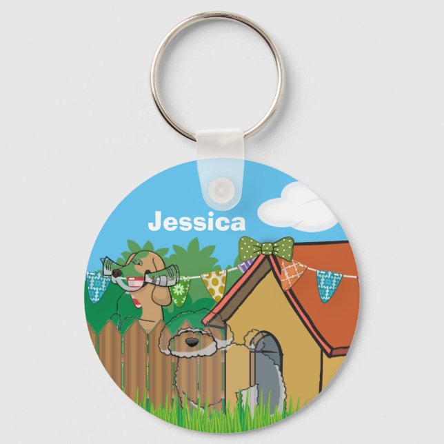 Cute Dog House Neighbours Cartoon Personalised Key Ring (Front)