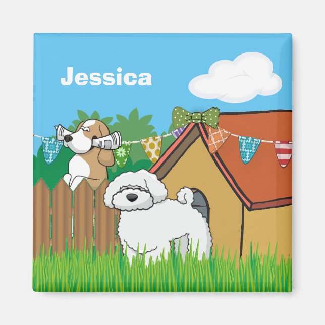 Cute Dog House Neighbours Cartoon Personalised Magnet (Front)