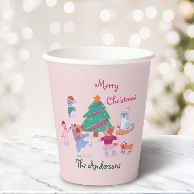 Cute Dog Ice Skating Name Pink Christmas Party Paper Cups (Creator Uploaded)