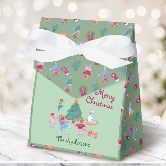 Cute Dog Ice Skating Pistachio Green Christmas Favour Box (Creator Uploaded)