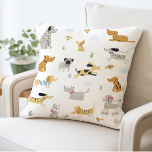 Cute Dog Illustration Pillow, Playful Dog Print Cushion