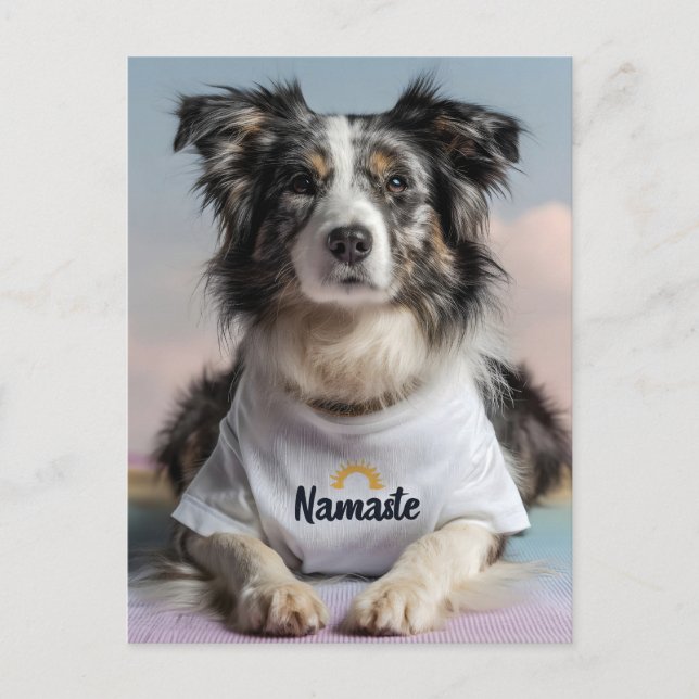 Cute Dog in a "Namaste" T-Shirt on a Yoga Mat Holiday Postcard (Front)
