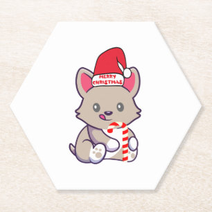 Cute Dog in Christmas Hat 2 Paper Coaster