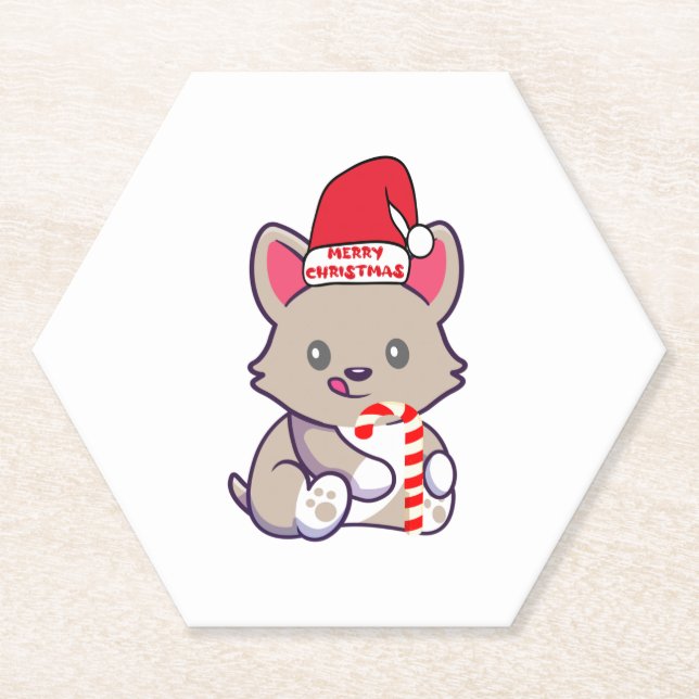 Cute Dog in Christmas Hat  2 Paper Coaster (Front)
