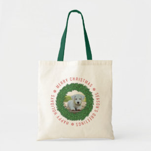 Cute Dog in Christmas Wreath Custom Pet Photo Tote Bag