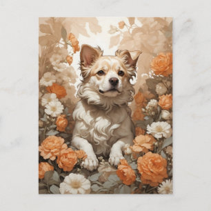 cute dog in flowers postcard
