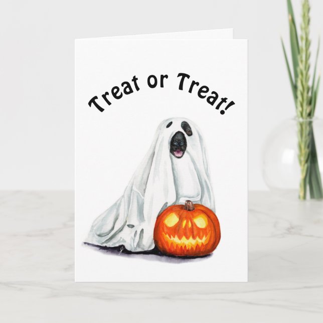 Cute Dog in Ghost Costume Halloween Greeting Card (Front)