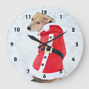 Cute Dog In Snow Wearing Santa Suit Christmas Large Clock