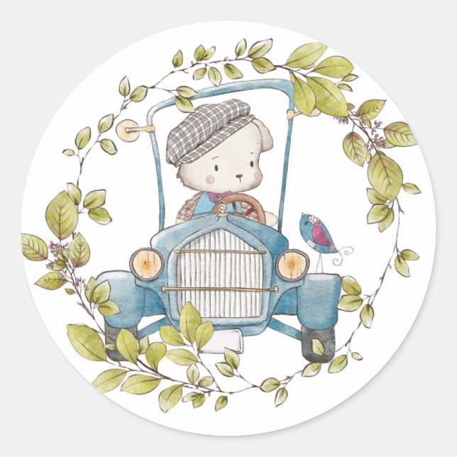 Cute Dog in Vintage Car Wreath Sticker (Front)